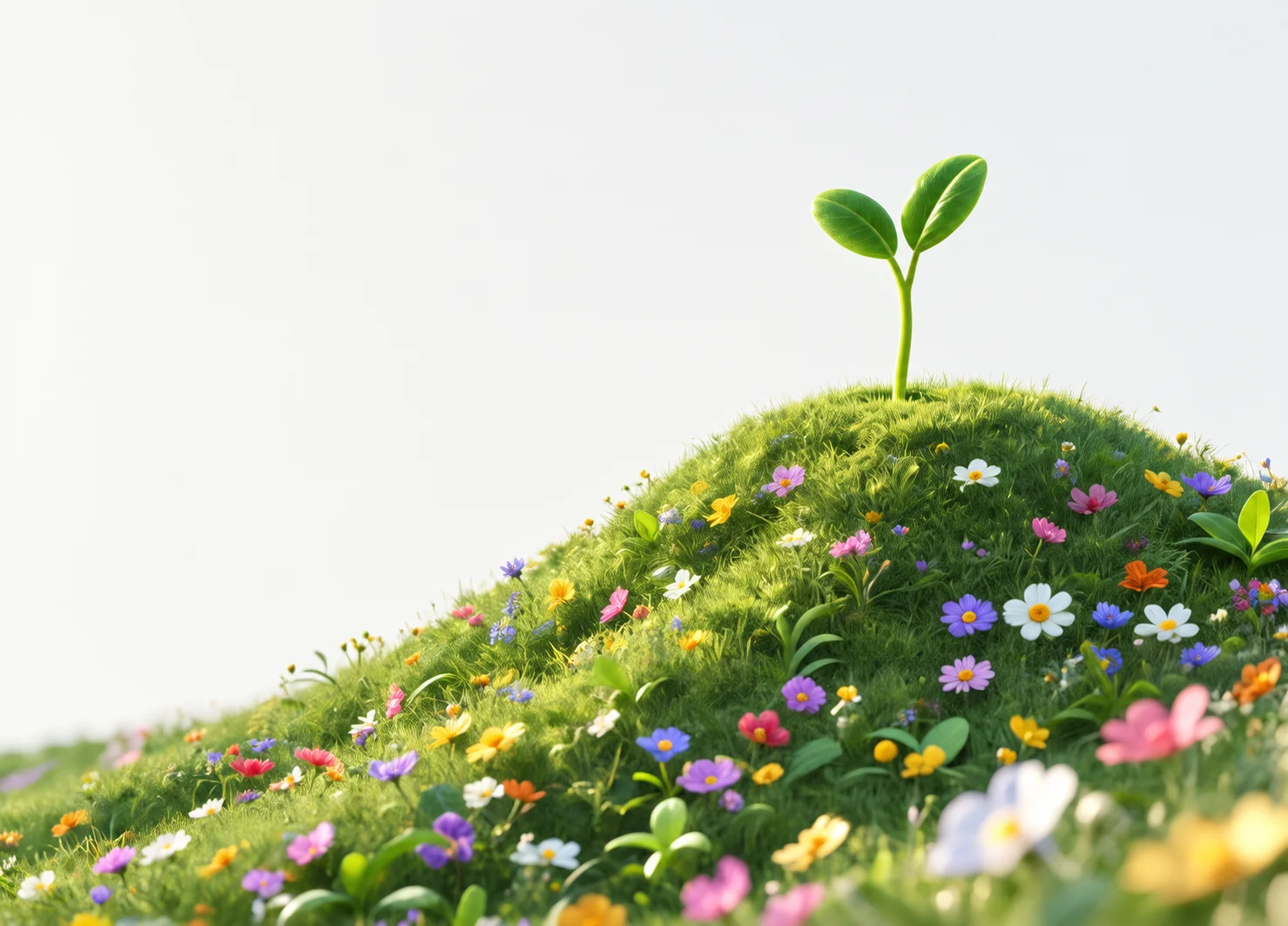 Lush wildflower hill with sprouting seedling